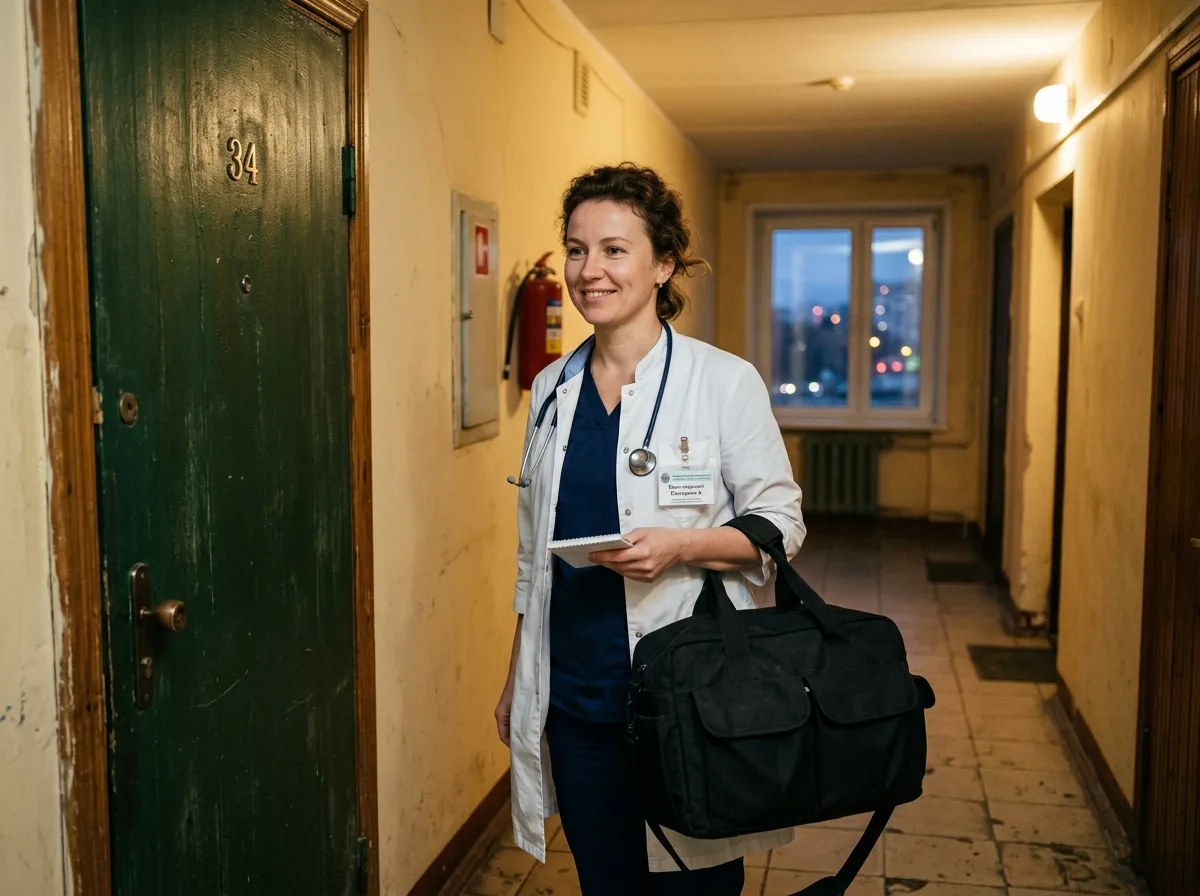 Нарколог приехал на дом по вызову в Балашихе, врач в медицинском чемодане у двери квартиры, доброжелательный вид, вечернее время