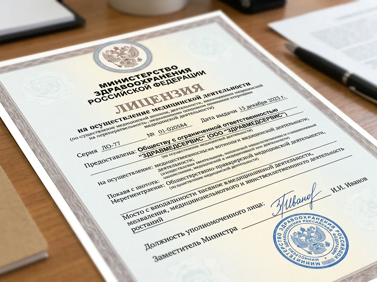 Лицензия на осуществление медицинской деятельности — документ Министерства здравоохранения РФ, бланк с гербом, подписи